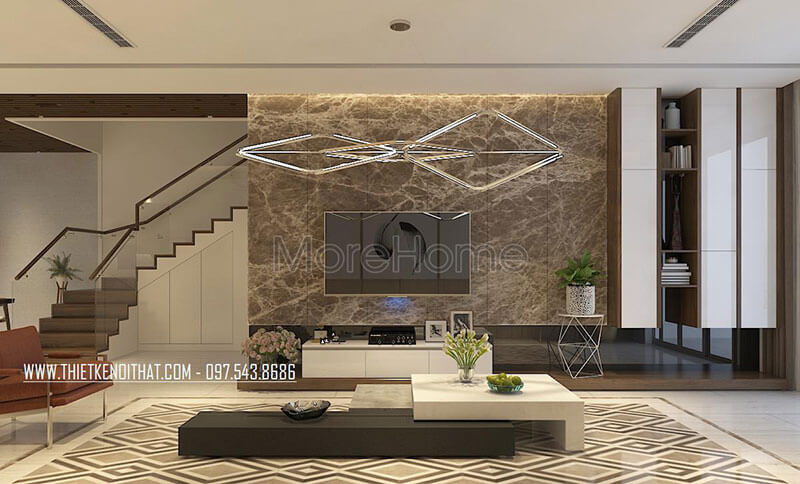 Thiết kế nội thất phòng khách hiện đại kết hợp giữa màu trắng và mảng trường màu tối bằng đá tự nhiên cao cấp tạo sự hài hòa, sang trọng Tập hợp những mẫu thiết kế đá ốp tường phòng khách đẹp ấn tượng