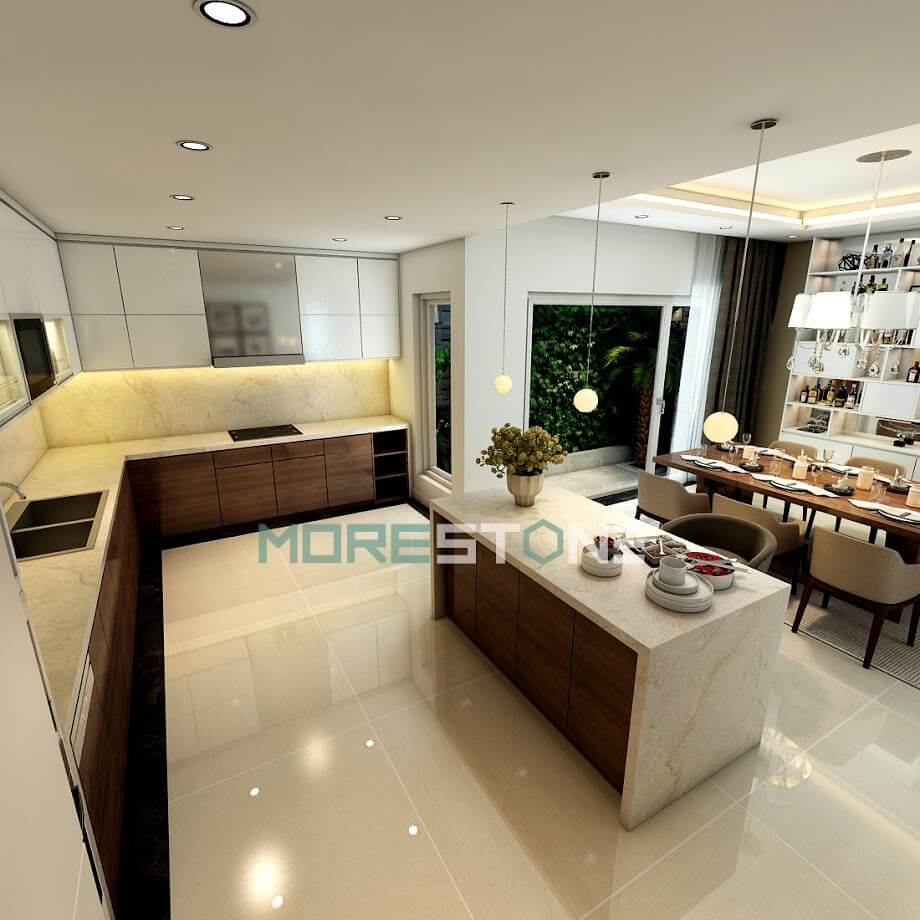 Thi công hệ tủ bếp kết hợp bàn đảo/bàn ăn/quầy bar sử dụng chất liệu đá nhân tạo gốc thạch an Đá nhân tạo cho nhà bếp