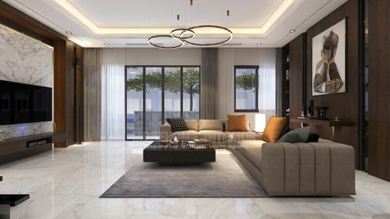 Thiết kế nội thất phòng khách đẹp, cao cấp cho biệt thự ấn tượng với gỗ ốp tường, đá đối vân trang trí. Thiết kế nội thất đá nhân tạo trong không gian nhà