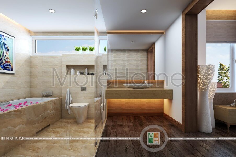 Thiết kế bồn tắm đẹp được ốp đá mặt lưng và sàn cho phòng tắm nhẹ nhàng, tiện nghi