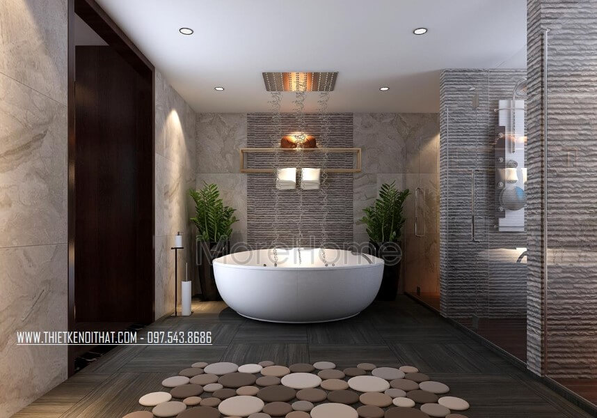Nhằm thu hút ánh sáng để không gian thoáng rộng hơn KTS lựa chọn đá tự nhiên ốp tường vân mây cho phòng tắm