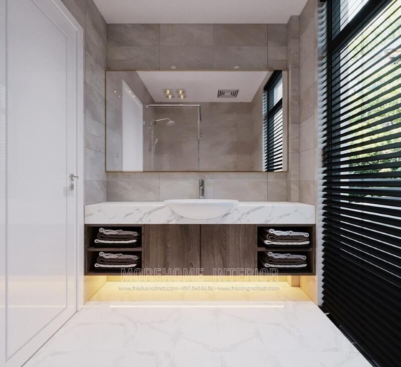 Thiết kế phòng tắm hiện đại với lựa chọn gách ốp tường và nền mang lại sự thoáng mát và sạch sẽ