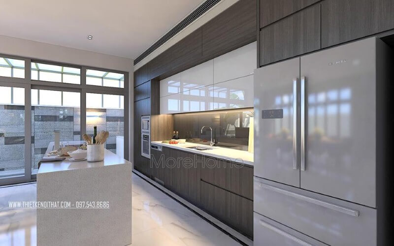 Bàn đảo đá Lg trắng cao cấp lựa chọn ấn tượng cho không gian bếp hiện đại, sang trọng.