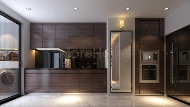 Đá ốp bếp màu đen dường như trở thành điểm nhấn ấn tượng khó mà rời mắt