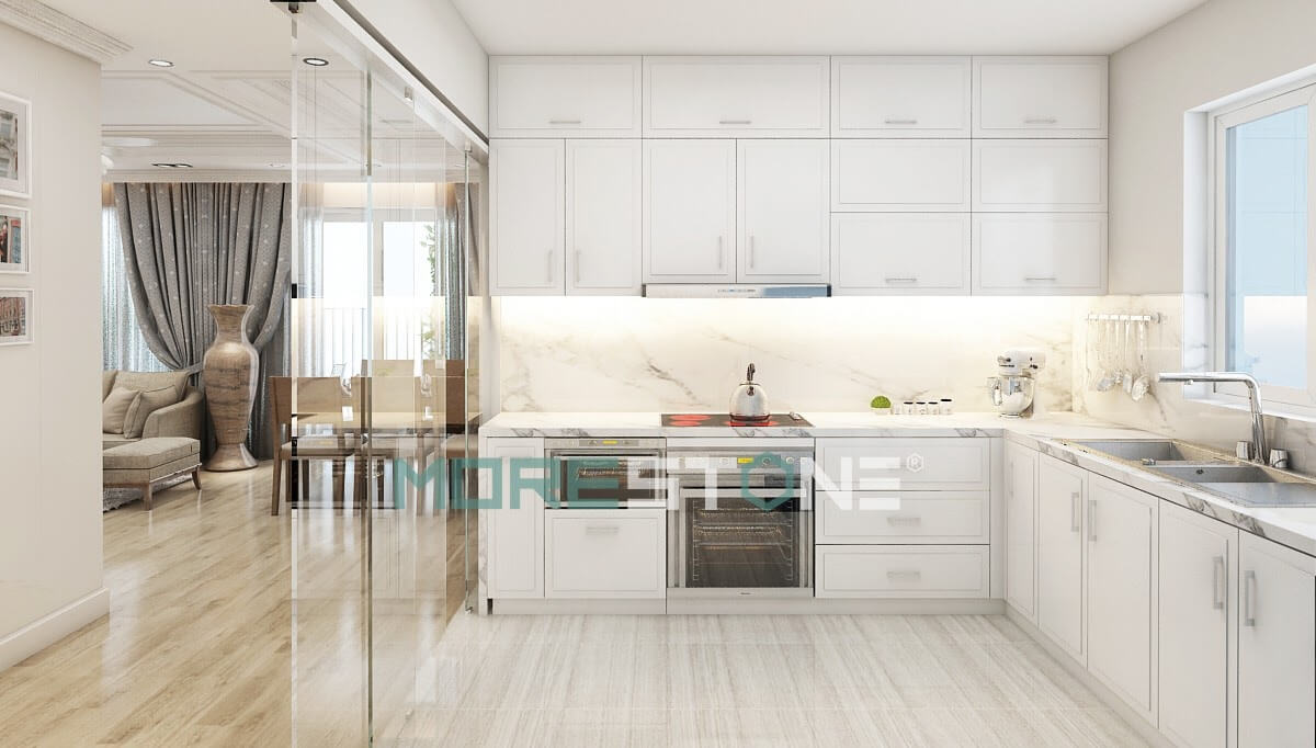 Đá bếp trắng vân mây tạo nên vẽ đẹp mềm mại, độc đáo và không kém phần sang trọng cho nội thất phòng bếp