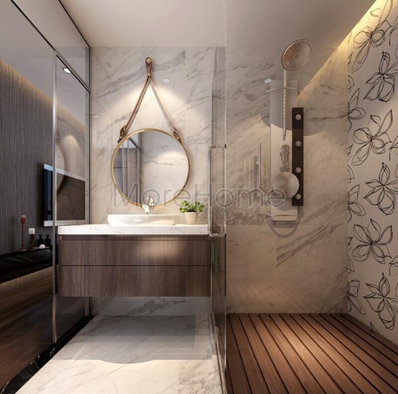 Đá ốp tường nhân tạo cao cấp được coi là sự lựa chọn thú vị của gia chủ, không gian phòng tắm thêm phần sạch sẽ và sang trọng hơn đá ốp tường phòng tắm