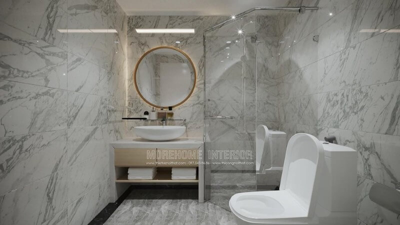 Phòng WC nổi bật với mẫu gương trang trí gắn đèn led. Đặc biệt hơn nữa là không gian thư giãn này cũng được ốp đá nhân tạo cao cấp giúp cho không sang thư giãn chanh xả. đá ốp tường phòng tắm