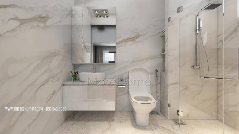 Phòng tắm được thiết kế với mảng tường và sàn nhà được ốp đá nhân tạo vân mây cao cấp tạo sự sáng bóng đá ốp tường phòng tắm