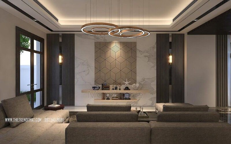 Đá ốp tường vân mây cùng họa tiết 3D điểm nhấn tạo góc nhìn độc đáo, sang trọng cho phòng khách biệt thự, nhà phố hiện đại.