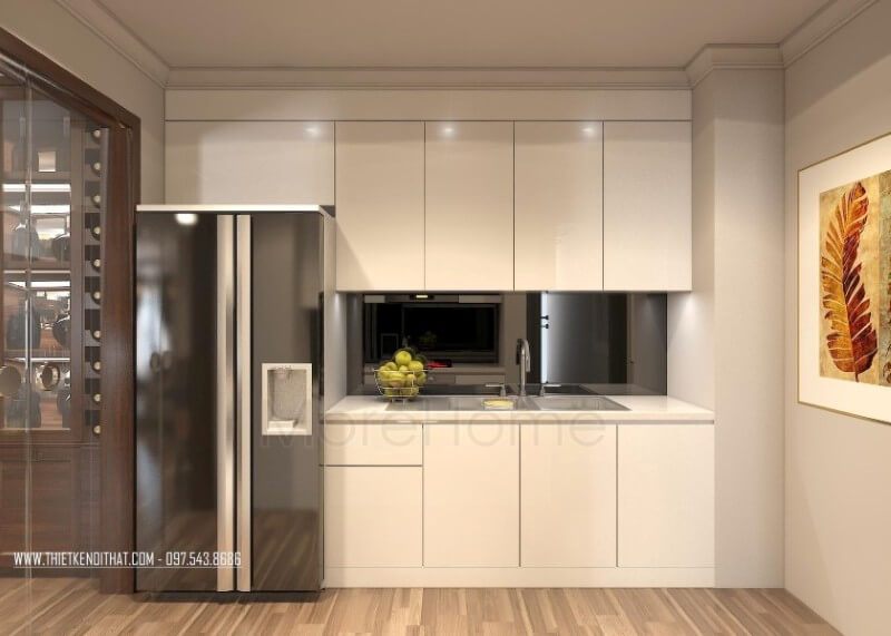 Sự kết hợp giữa đá ốp bếp nhân tạo với màu trắng sang trọng và tinh tế sẽ tạo nên một cảnh quan rất lãng mạn.