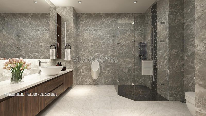 Vách tắm kính cường lực 135 độ được sử dụng để trang trí phòng tắm hiện đại.