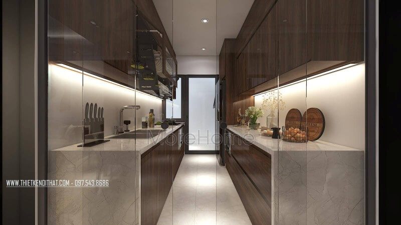 Không gian nội thất phòng bếp được thiết kế với nhiều tiện nghi và tính năng đa dạng.
