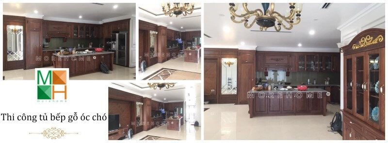 Nội thất MoreHome đã thiết kế và thực hiện trọn gói một mẫu tủ bếp gỗ óc chó tân cổ điển cao cấp.