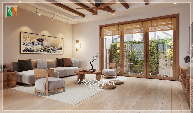 Góc phòng khách được trang trí theo xu hướng của Nhật Bản để làm nổi bật những điểm nhấn tinh tế, nhã nhặn và sang trọng.