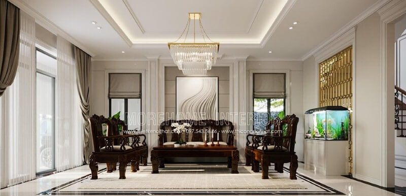 Bàn ghế gỗ tự nhiên mang lại sự sang trọng cho căn phòng khách biệt thự, nhà phố cao cấp với sự đẹp mắt.