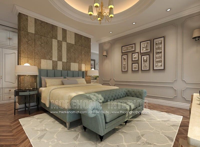 Mẫu giường ngủ bọc nỉ với sự sang trọng và tông màu xanh làm nên một điểm nhấn nổi bật trong không gian phòng ngủ.