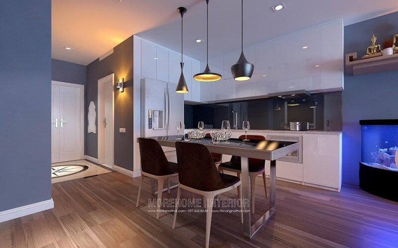Mẫu bàn ăn chung cư với thiết kế chân sắt, có kiểu dáng nhỏ gọn đã tạo ấn tượng mạnh mẽ và được nhiều gia chủ ưa chuộng.