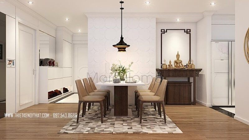 .
Kiến trúc sư đã thiết kế một không gian thờ cúng linh thiêng trong không gian sinh hoạt chung, đảm bảo phong thủy, trang trọng và thành kính để con cháu của những người đã khuất trong gia đình có thể thờ cúng.