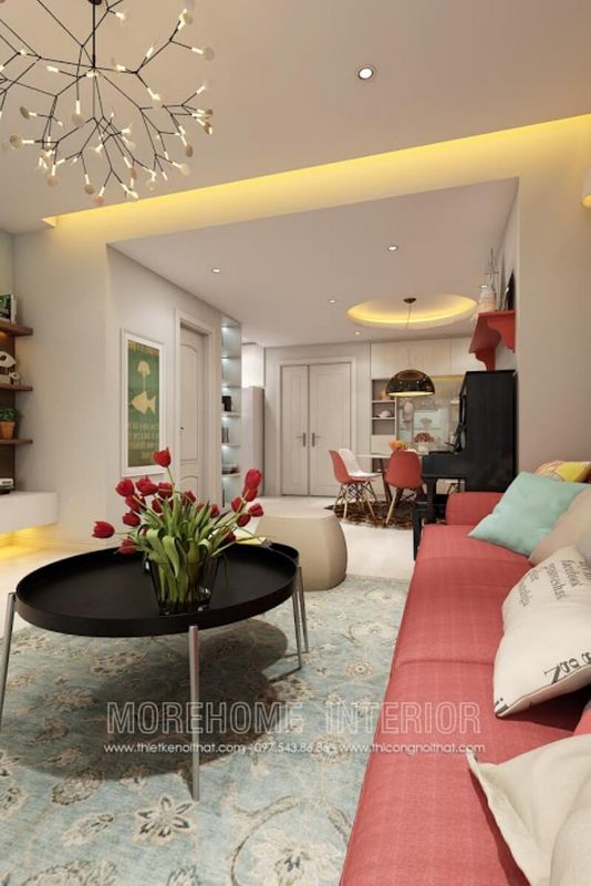 Bàn trà MH-HD025 với thiết kế gỗ công nghiệp giúp trang trí phòng khách của căn hộ chung cư một cách dịu dàng.