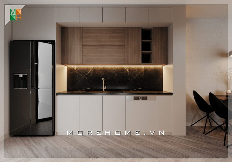 Diện tích không quá lớn của khu vực rửa đồ trong căn bếp của chung cư đã được thiết kế theo phong cách hiện đại và lựa chọn thông minh của tất cả các gia chủ.